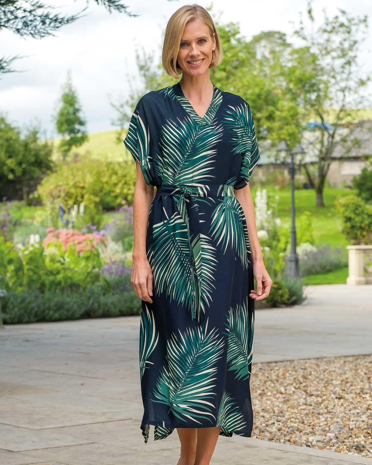 Palm leaf outlet wrap dress